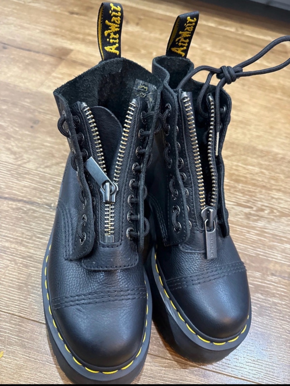 Dr. Martens Kids Black Leather Zip Lace-Up Boots with Yellow Stitching